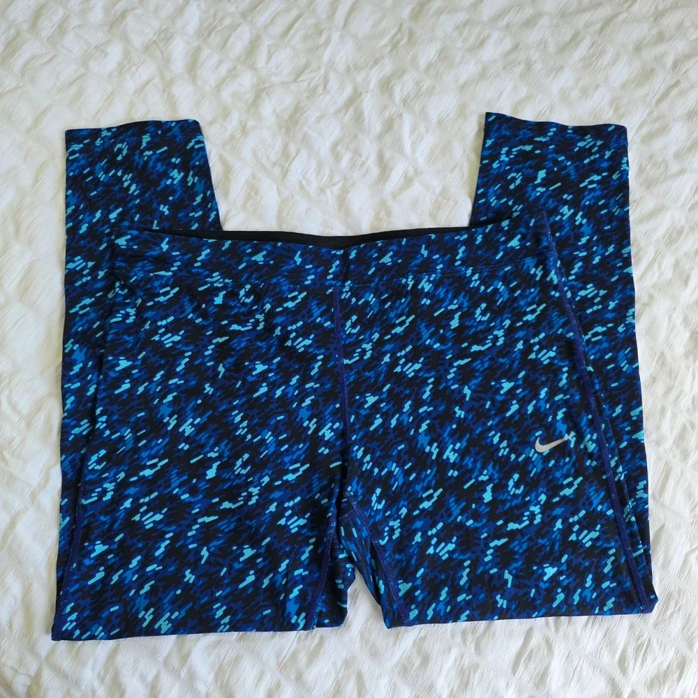 Nike Dri-FIT Womens Blue Digital Pixel Camo Running Leggings Size Large Cropped